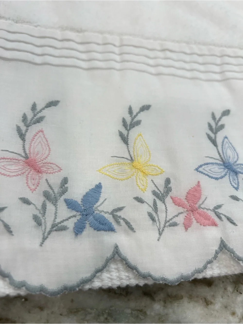 White Cotton Bath Towel Set with Pastel Embroidered Floral Border